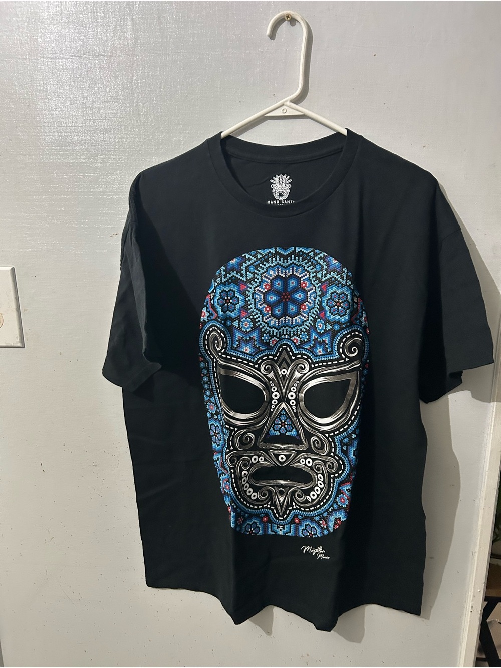 Black Short-Sleeve Men’s Tee with Blue Graphic Mask